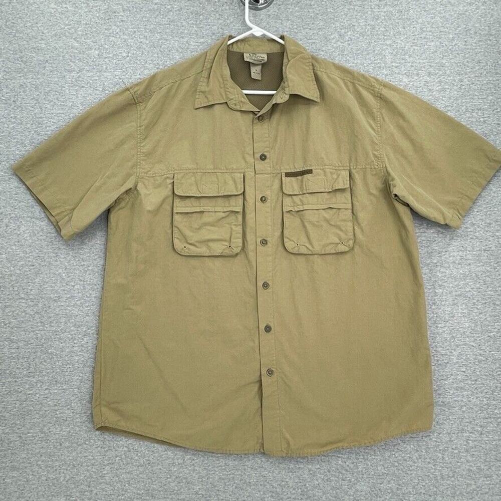 Ducks Unlimited Shirt Mens XL Button Up Tan Short Sleeve Vented Fishing Outdoor